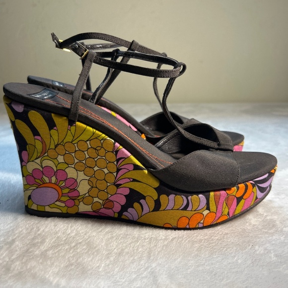 Vintage kate spade 8 retro wedge heels sandal boho hippie print - Picture 1 of 3